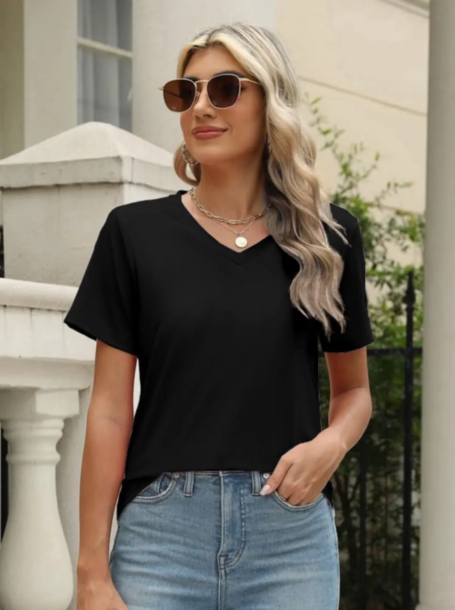 100% Cotton V Neck Short Sleeve T Shirts for Women, Plain T-ShirtBasic Tees