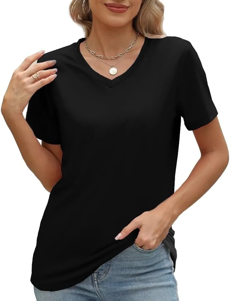 100% Cotton V Neck Short Sleeve T Shirts for Women, Plain T-ShirtBasic Tees