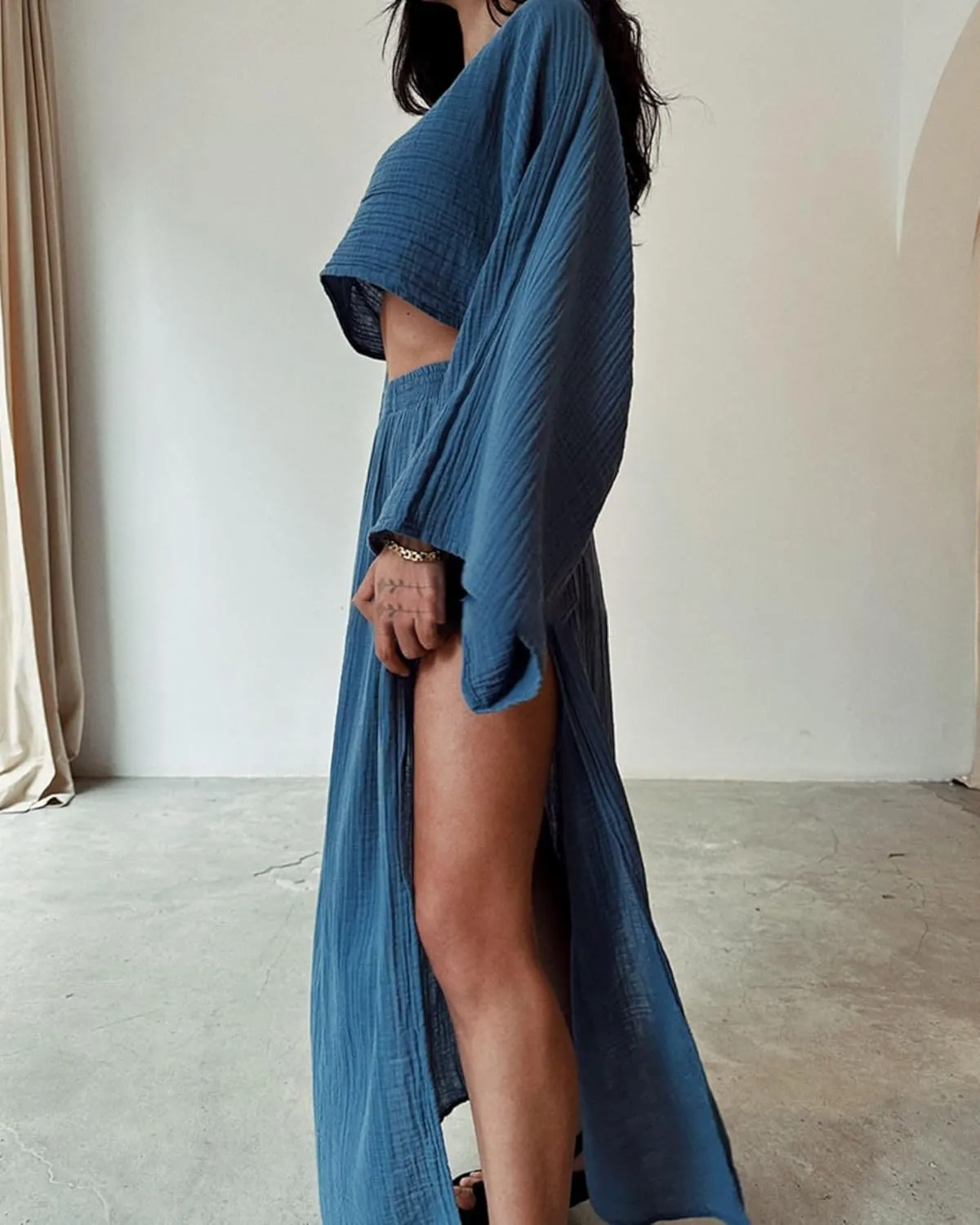 2 Piece Linen Set High Slit Skirt Boho Maxi Dress Beach Cover Ups for Women Sarong Bikini Coverup Vacation Outfits