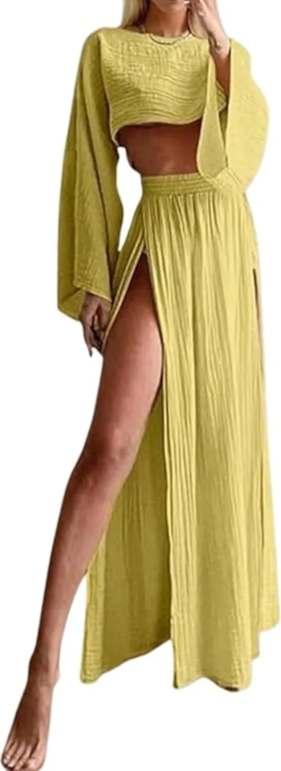 2 Piece Linen Set High Slit Skirt Boho Maxi Dress Beach Cover Ups for Women Sarong Bikini Coverup Vacation Outfits