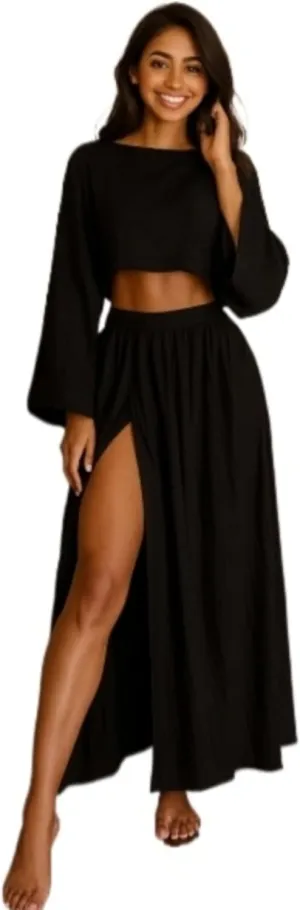2 Piece Linen Set High Slit Skirt Boho Maxi Dress Beach Cover Ups for Women Sarong Bikini Coverup Vacation Outfits