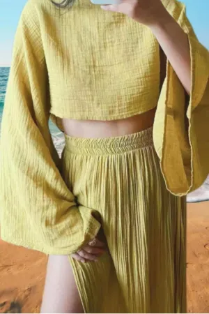2 Piece Linen Set High Slit Skirt Boho Maxi Dress Beach Cover Ups for Women Sarong Bikini Coverup Vacation Outfits