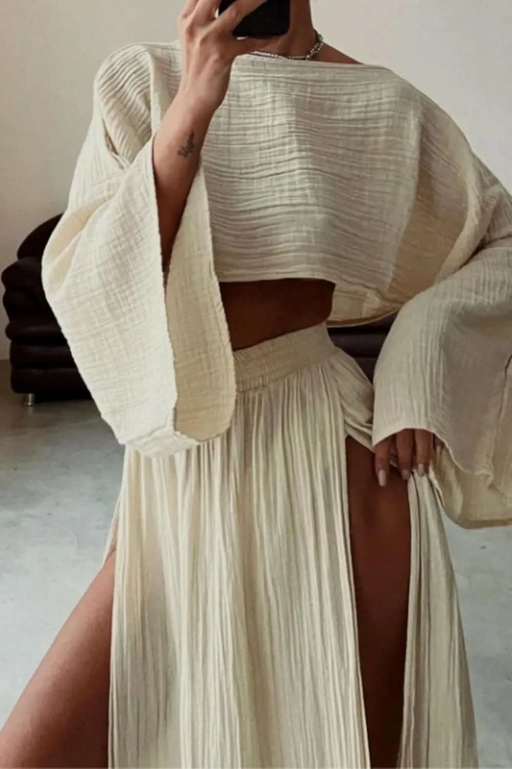 2 Piece Linen Set High Slit Skirt Boho Maxi Dress Beach Cover Ups for Women Sarong Bikini Coverup Vacation Outfits
