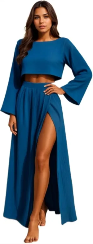 2 Piece Linen Set High Slit Skirt Boho Maxi Dress Beach Cover Ups for Women Sarong Bikini Coverup Vacation Outfits