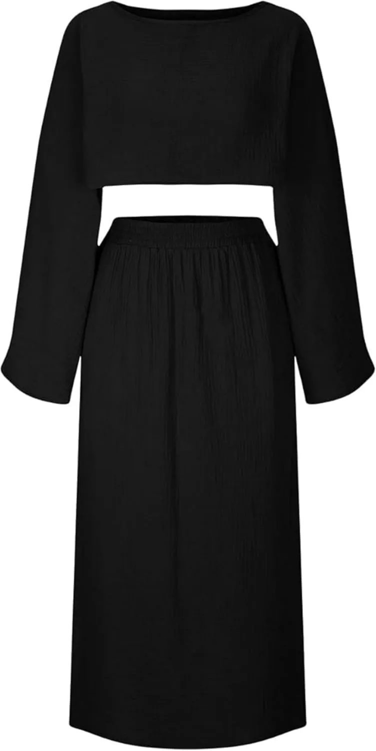 2 Piece Linen Set High Slit Skirt Boho Maxi Dress Beach Cover Ups for Women Sarong Bikini Coverup Vacation Outfits