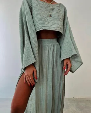 2 Piece Linen Set High Slit Skirt Boho Maxi Dress Beach Cover Ups for Women Sarong Bikini Coverup Vacation Outfits