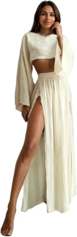2 Piece Linen Set High Slit Skirt Boho Maxi Dress Beach Cover Ups for Women Sarong Bikini Coverup Vacation Outfits