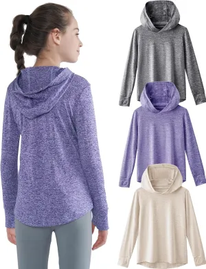 3 Pack Athletic Girls Long Sleeve Shirts with Thumb Holes, Workout Hoodies for Kids, Hooded Shirt Pullover Tops