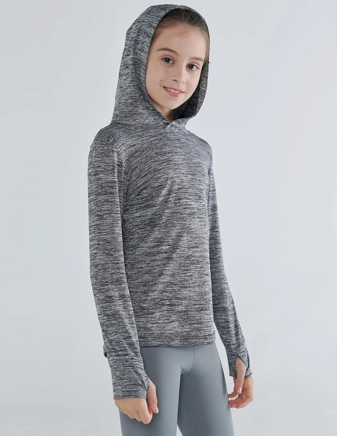 3 Pack Athletic Girls Long Sleeve Shirts with Thumb Holes, Workout Hoodies for Kids, Hooded Shirt Pullover Tops