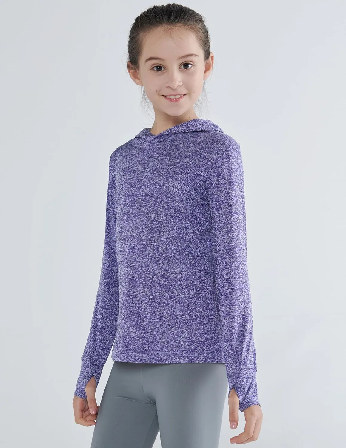 3 Pack Athletic Girls Long Sleeve Shirts with Thumb Holes, Workout Hoodies for Kids, Hooded Shirt Pullover Tops