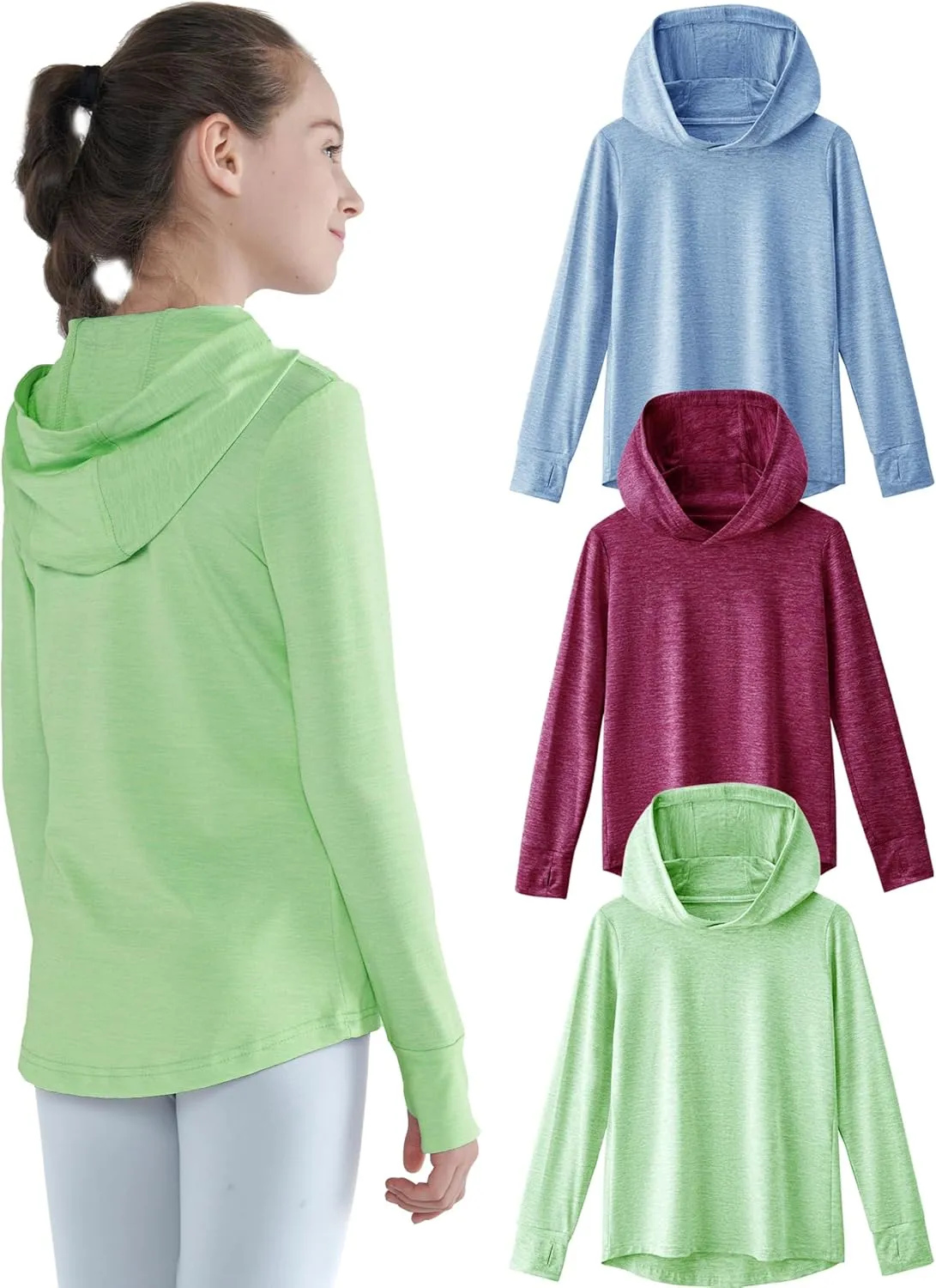 3 Pack Athletic Girls Long Sleeve Shirts with Thumb Holes, Workout Hoodies for Kids, Hooded Shirt Pullover Tops