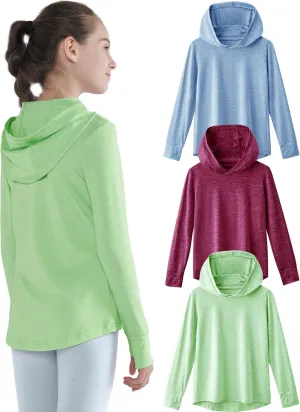 3 Pack Athletic Girls Long Sleeve Shirts with Thumb Holes, Workout Hoodies for Kids, Hooded Shirt Pullover Tops