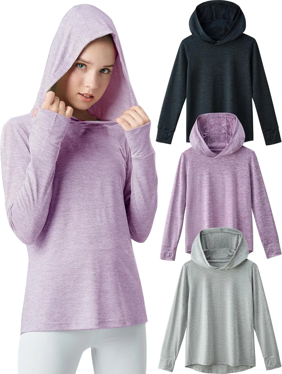 3 Pack Athletic Girls Long Sleeve Shirts with Thumb Holes, Workout Hoodies for Kids, Hooded Shirt Pullover Tops