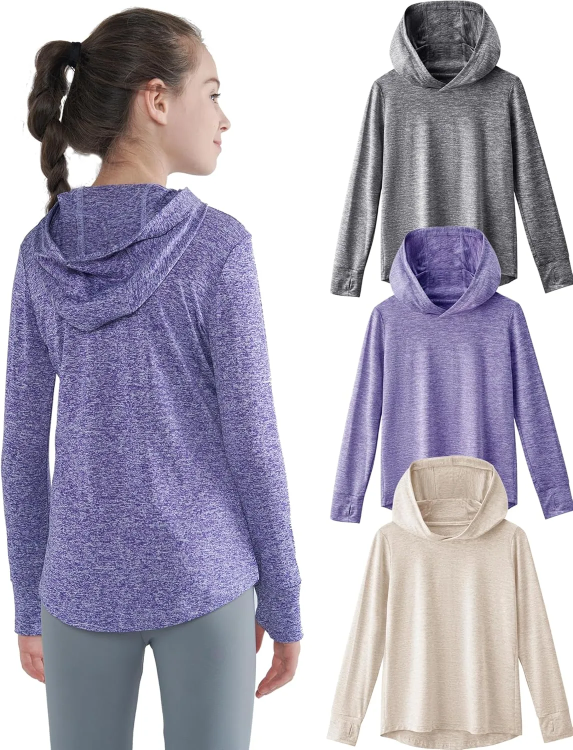 3 Pack Athletic Girls Long Sleeve Shirts with Thumb Holes, Workout Hoodies for Kids, Hooded Shirt Pullover Tops
