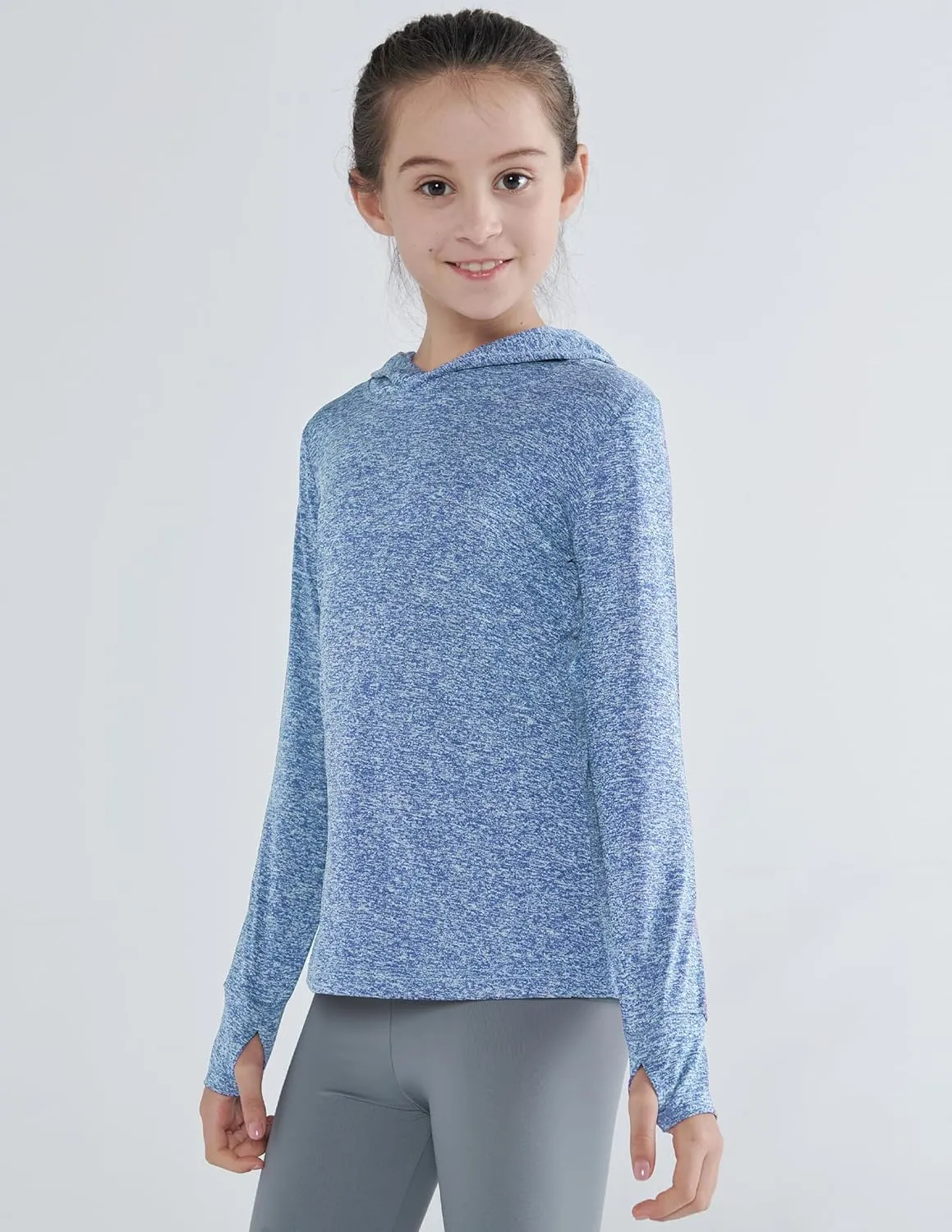 3 Pack Athletic Girls Long Sleeve Shirts with Thumb Holes, Workout Hoodies for Kids, Hooded Shirt Pullover Tops