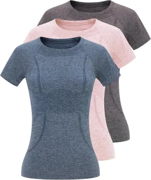 3 Pack Seamless Workout Shirts for Women - Moisture Wicking Quick-Dry Active Athletic Women's Gym Performance T Shirts