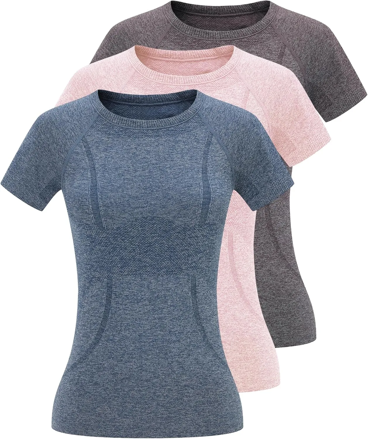 3 Pack Seamless Workout Shirts for Women - Moisture Wicking Quick-Dry Active Athletic Women's Gym Performance T Shirts