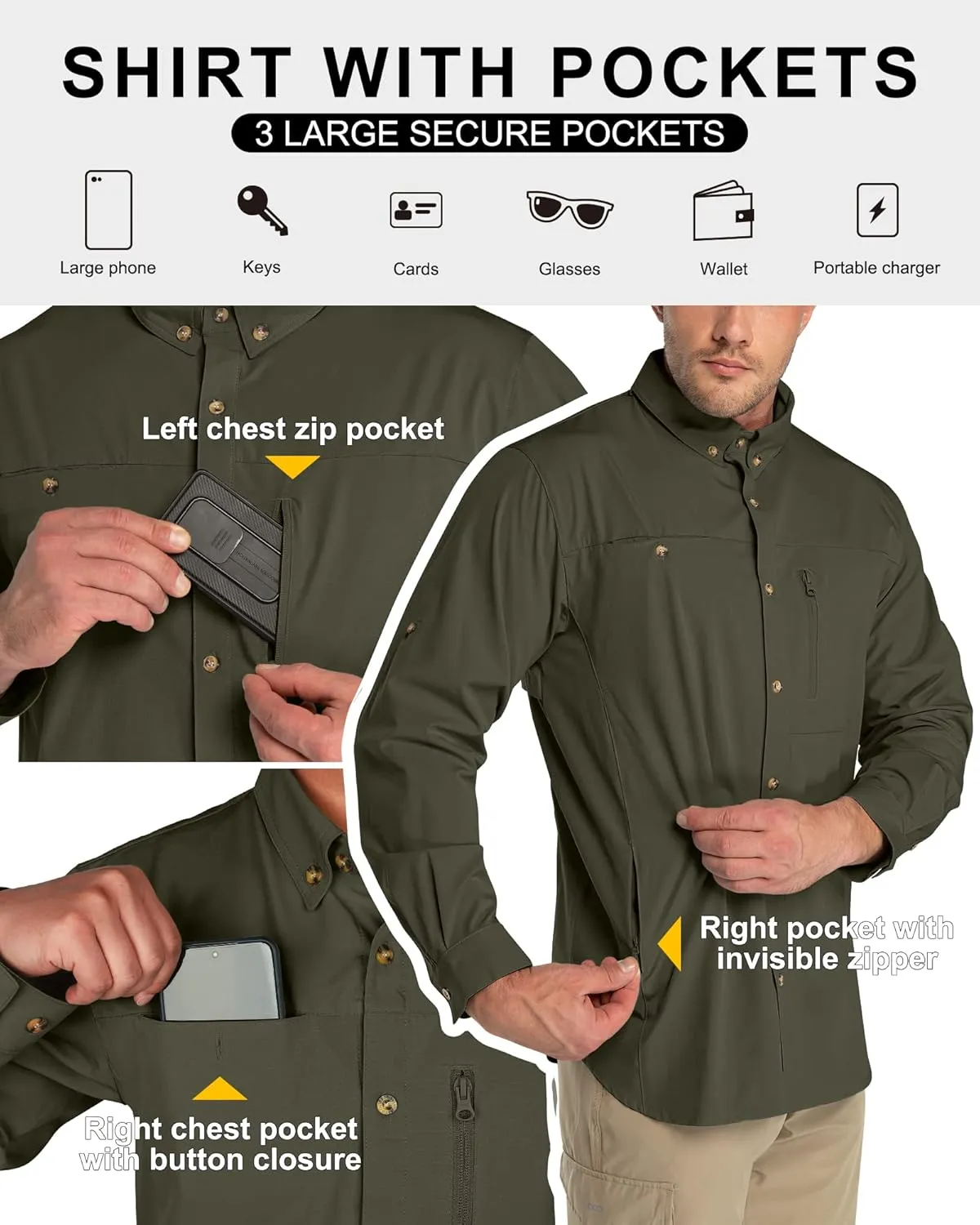 33,000ft Men's UPF 50  UV Protection Long Sleeve Hiking Shirts Breathable Quick Dry Fishing Shirts for Safari, Outdoor
