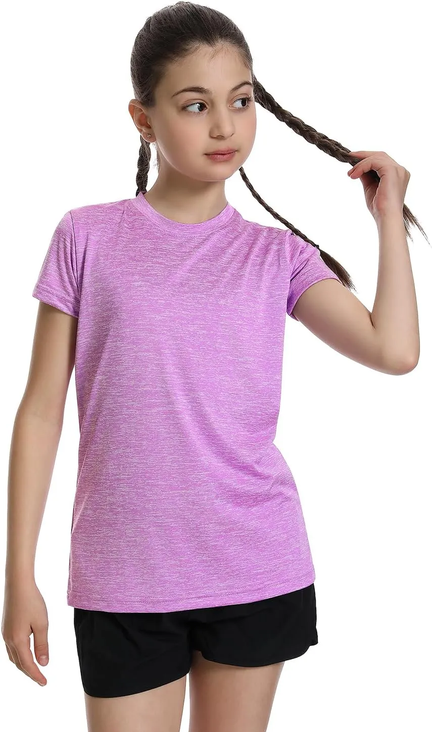 5 Pack Girls Athletic Shirts Short Sleeve Dry Fit Sports T-Shirts Crew Neck Activewear Tees Tops for Kids Teens