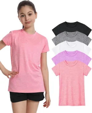 5 Pack Girls Athletic Shirts Short Sleeve Dry Fit Sports T-Shirts Crew Neck Activewear Tees Tops for Kids Teens
