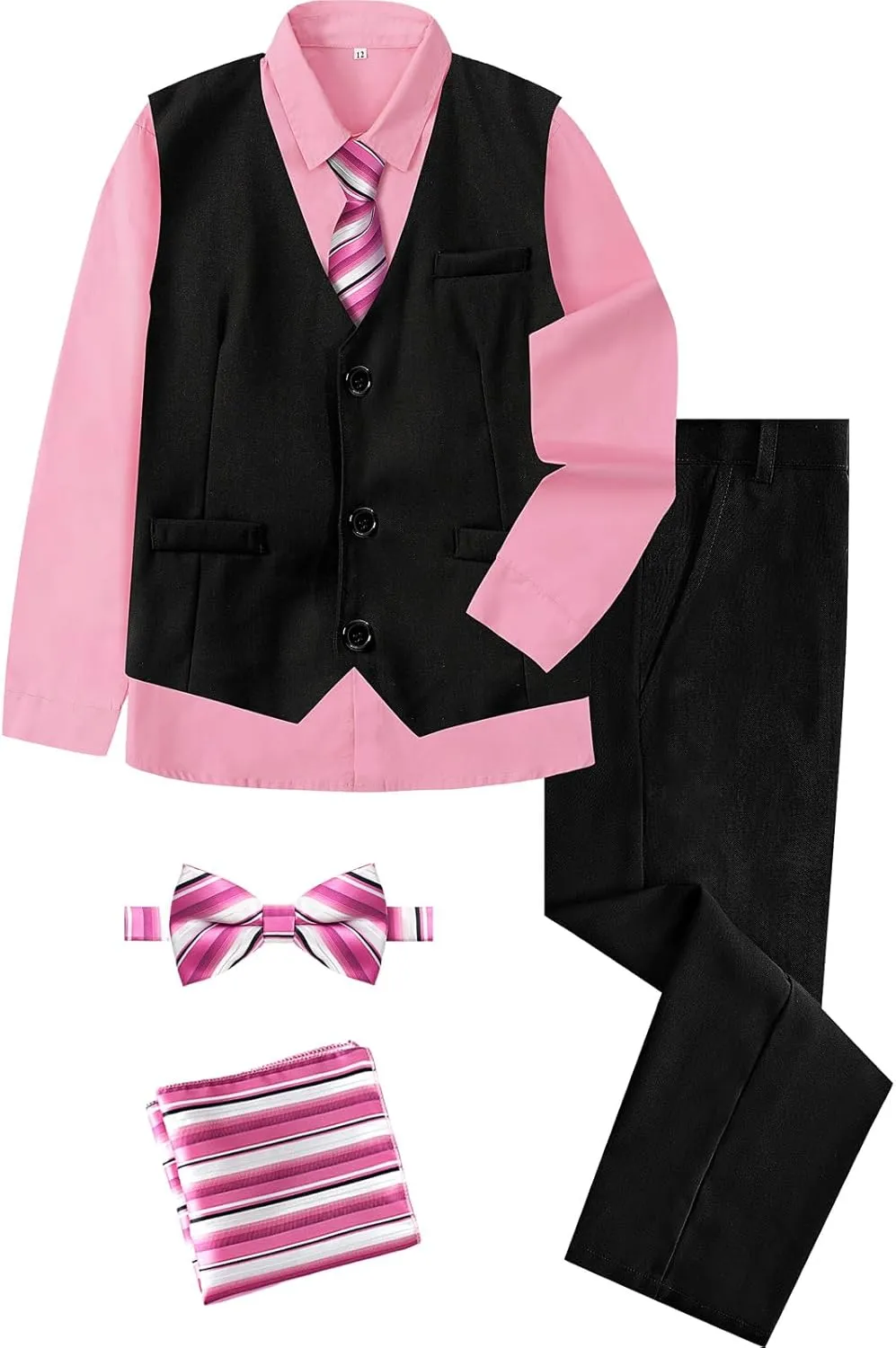 A&J DESIGN Boys 6-Piece Formal Suit Vest and Pant Set with Dress Shirts, Vest, Pants, Tie, Bowtie and Pocket Square
