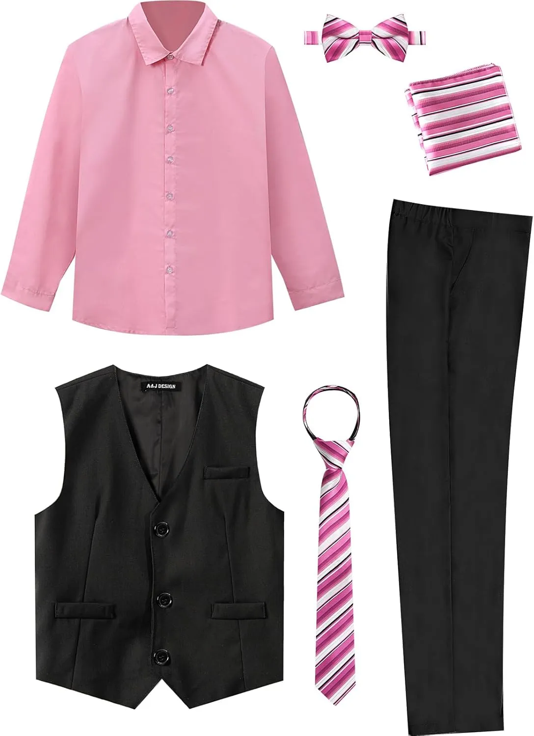 A&J DESIGN Boys 6-Piece Formal Suit Vest and Pant Set with Dress Shirts, Vest, Pants, Tie, Bowtie and Pocket Square