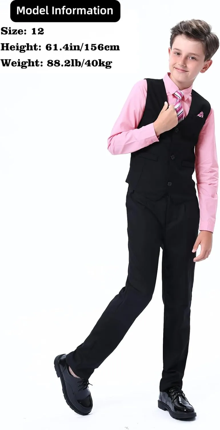 A&J DESIGN Boys 6-Piece Formal Suit Vest and Pant Set with Dress Shirts, Vest, Pants, Tie, Bowtie and Pocket Square
