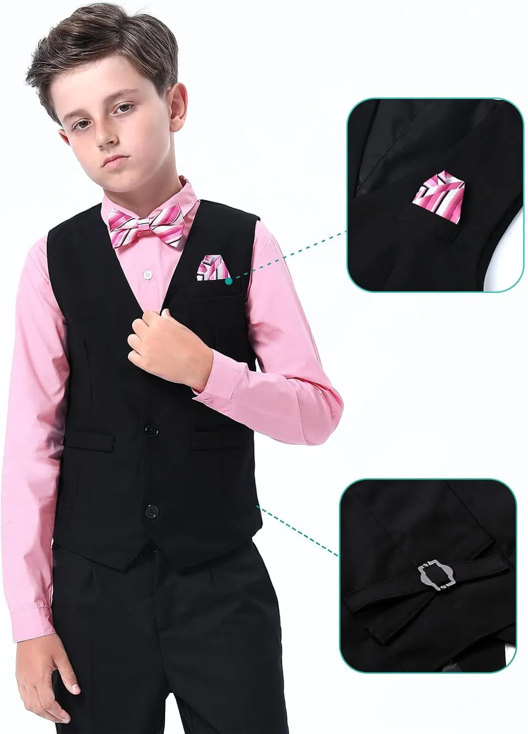 A&J DESIGN Boys 6-Piece Formal Suit Vest and Pant Set with Dress Shirts, Vest, Pants, Tie, Bowtie and Pocket Square