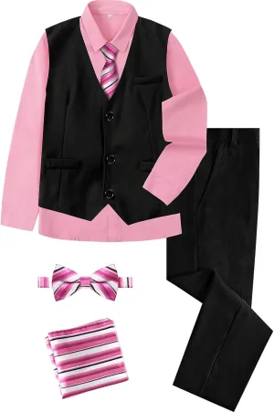 A&J DESIGN Boys 6-Piece Formal Suit Vest and Pant Set with Dress Shirts, Vest, Pants, Tie, Bowtie and Pocket Square