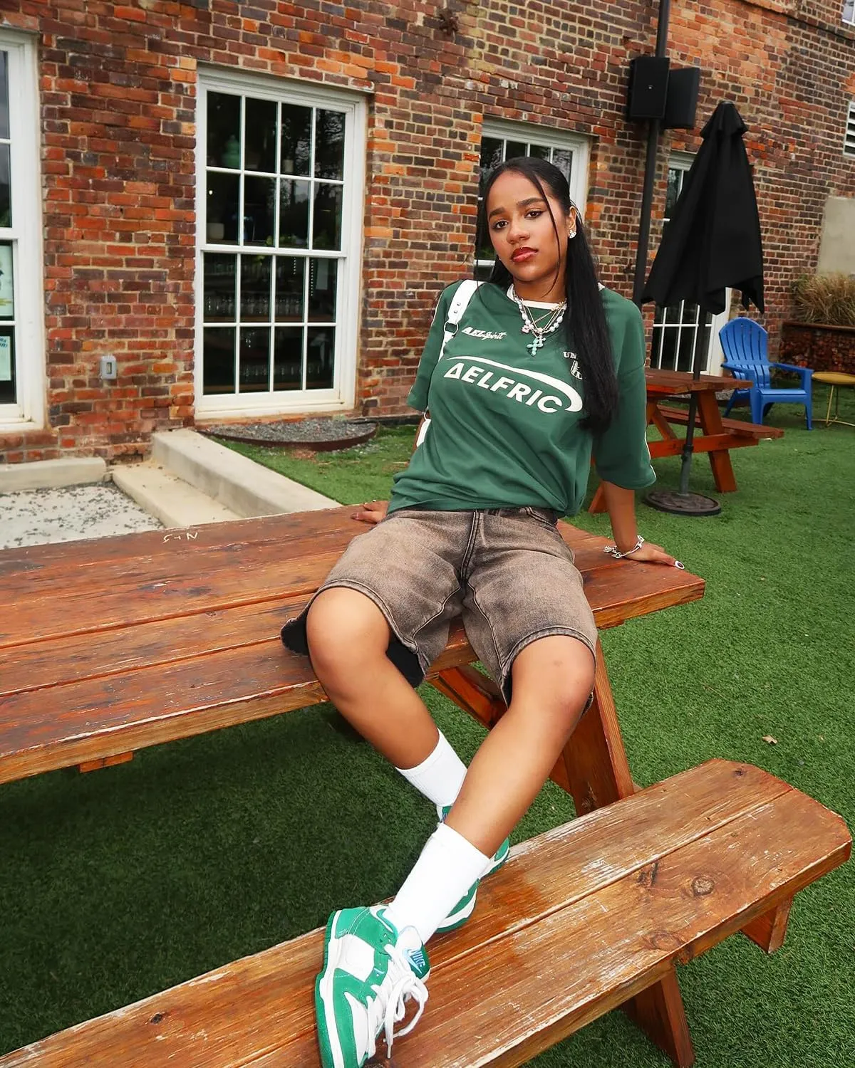 Aelfric Eden Graphic Tees Y2k Women Oversized T Shirts Striped Patchwork Crewneck Unisex Streetwear Tops