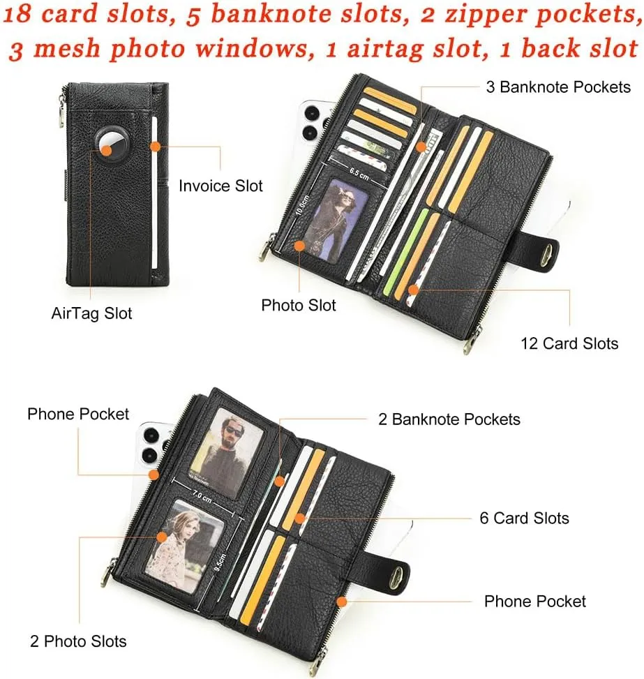 Airtag Wallet for Women Leather Turnlock Cltuch Purse Zipper Phone Holder 18 Card Organizer Bifold Wallets with Rfid Blocking (Black)