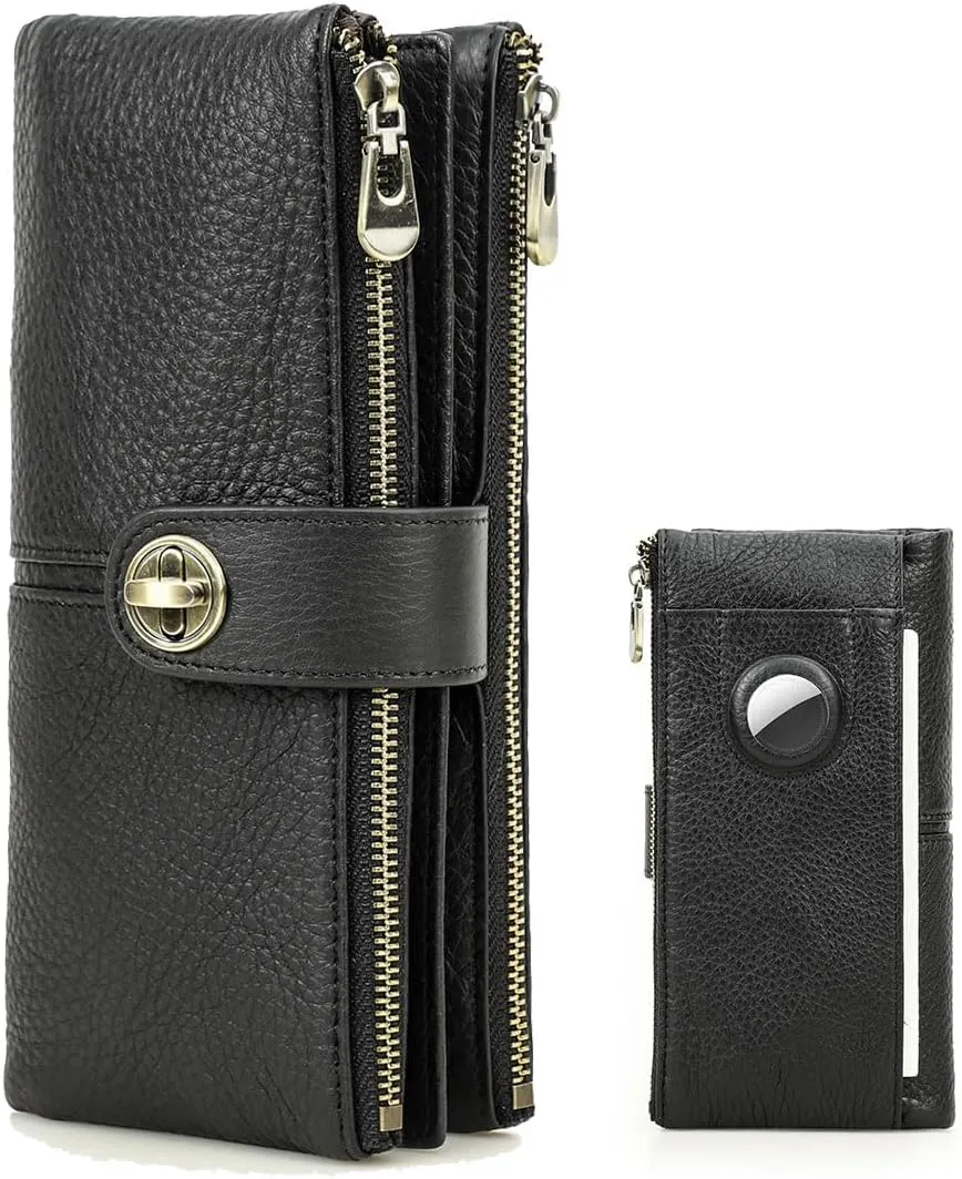 Airtag Wallet for Women Leather Turnlock Cltuch Purse Zipper Phone Holder 18 Card Organizer Bifold Wallets with Rfid Blocking (Black)