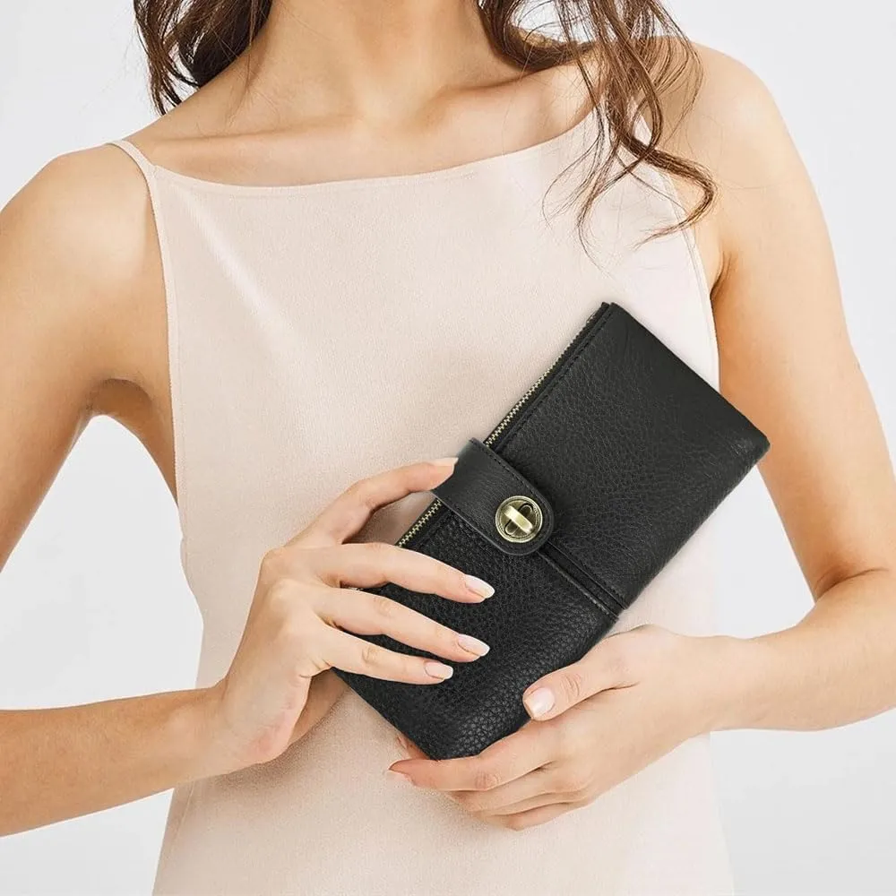 Airtag Wallet for Women Leather Turnlock Cltuch Purse Zipper Phone Holder 18 Card Organizer Bifold Wallets with Rfid Blocking (Black)