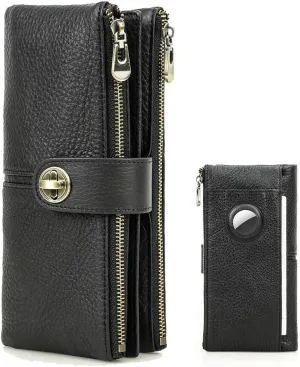 Airtag Wallet for Women Leather Turnlock Cltuch Purse Zipper Phone Holder 18 Card Organizer Bifold Wallets with Rfid Blocking (Black)