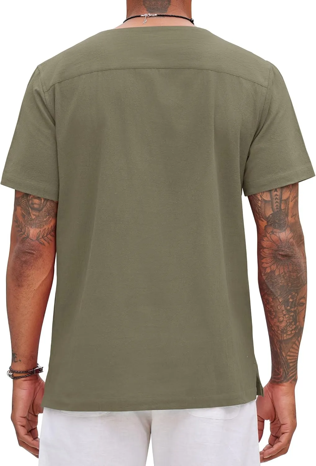 Alimens & Gentle Mens Cotton Linen Shirts Short Sleeve Casual Hippie Summer Shirts Beach Lace Up Hawaiian Camp Shirt