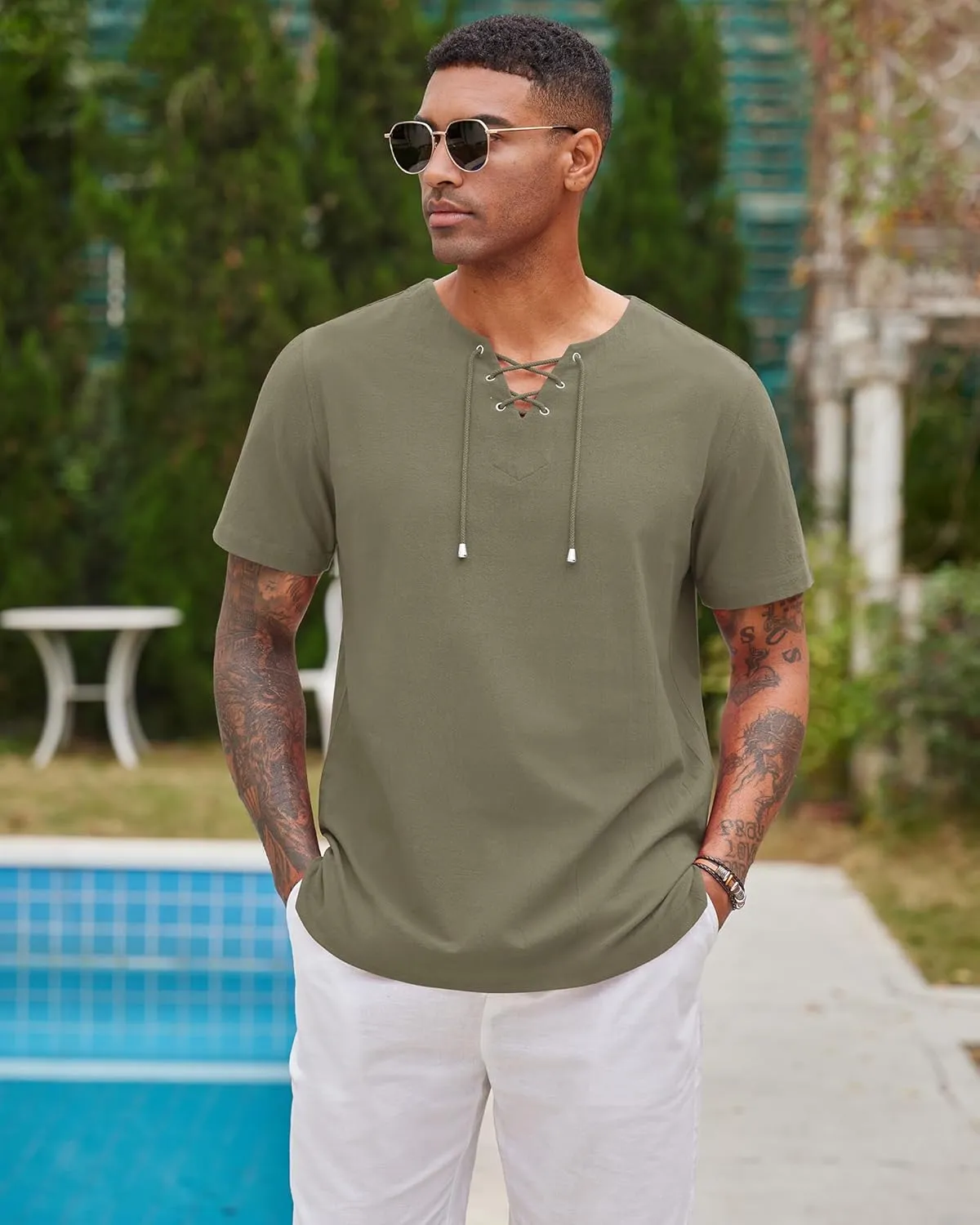 Alimens & Gentle Mens Cotton Linen Shirts Short Sleeve Casual Hippie Summer Shirts Beach Lace Up Hawaiian Camp Shirt