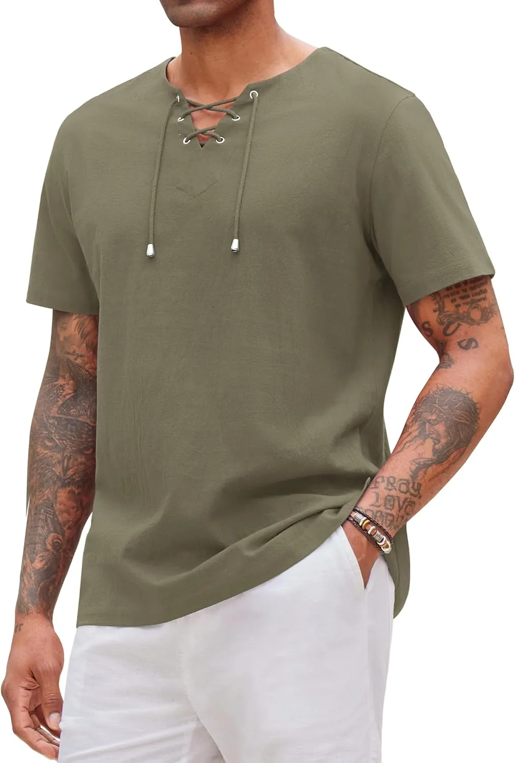 Alimens & Gentle Mens Cotton Linen Shirts Short Sleeve Casual Hippie Summer Shirts Beach Lace Up Hawaiian Camp Shirt