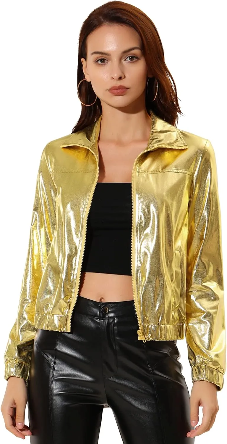 Allegra K Women's Holographic Shiny Party Christmas Long Sleeve Lightweight Zipper Metallic Jacket