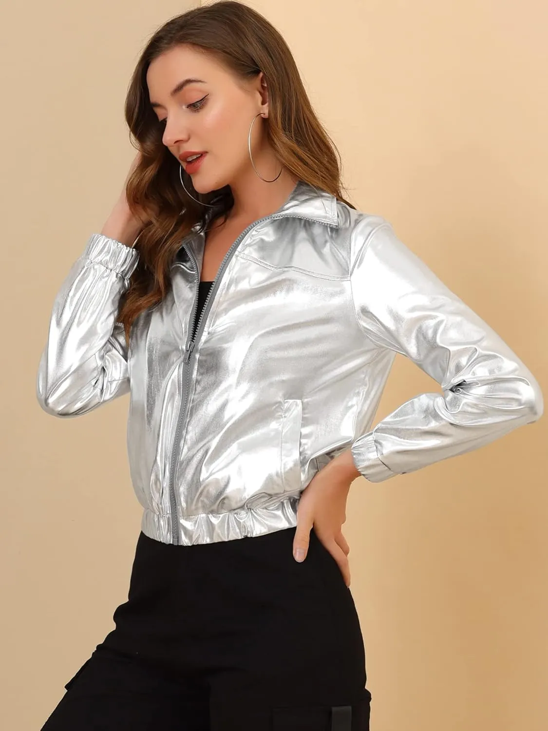 Allegra K Women's Holographic Shiny Party Christmas Long Sleeve Lightweight Zipper Metallic Jacket