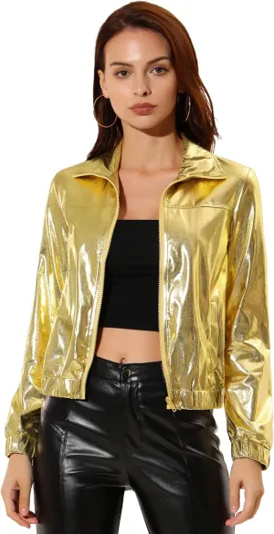Allegra K Women's Holographic Shiny Party Christmas Long Sleeve Lightweight Zipper Metallic Jacket