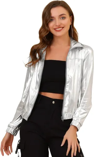 Allegra K Women's Holographic Shiny Party Christmas Long Sleeve Lightweight Zipper Metallic Jacket