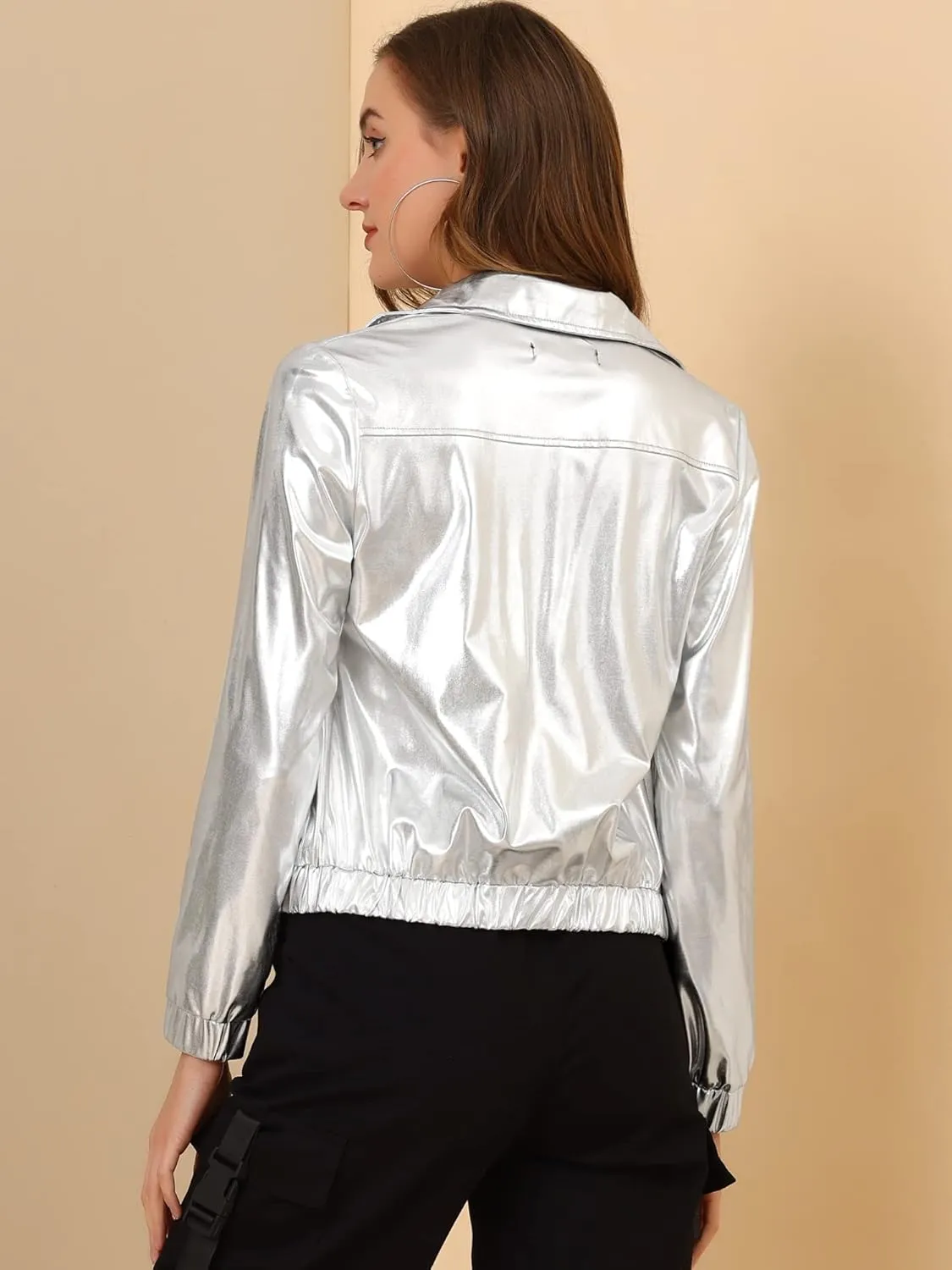 Allegra K Women's Holographic Shiny Party Christmas Long Sleeve Lightweight Zipper Metallic Jacket