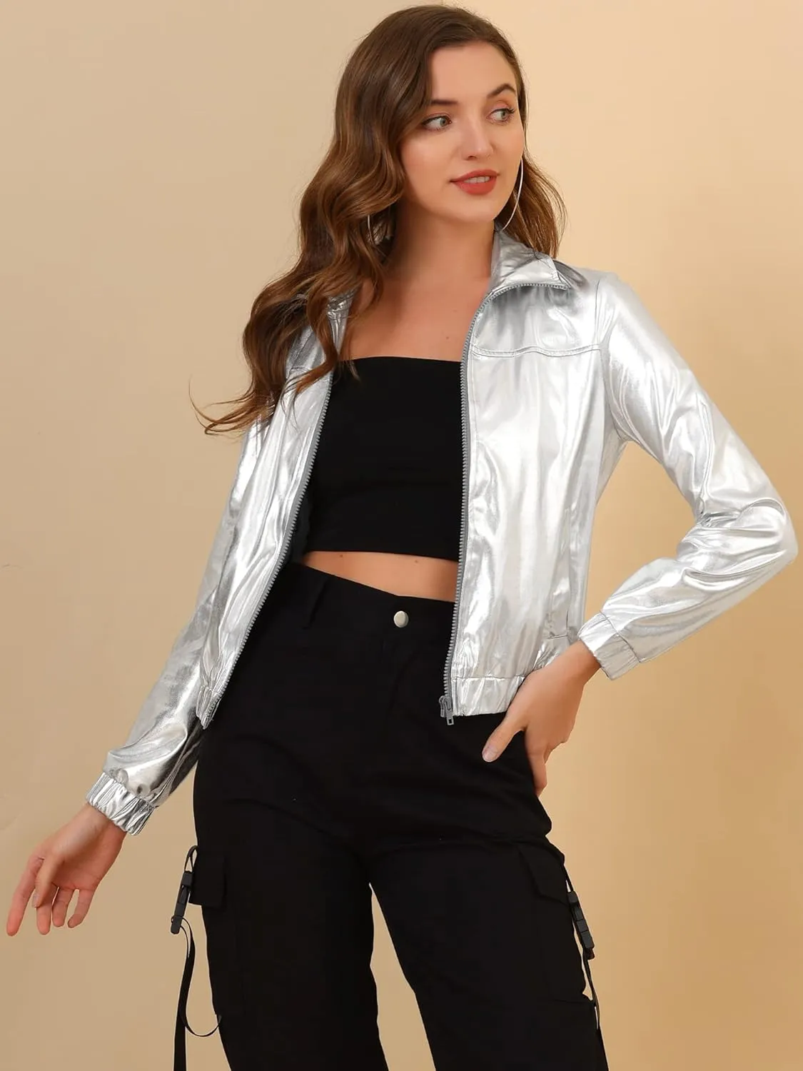 Allegra K Women's Holographic Shiny Party Christmas Long Sleeve Lightweight Zipper Metallic Jacket