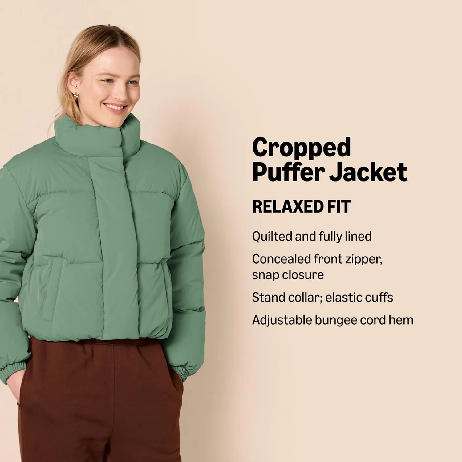 Amazon Essentials Women's Cropped Full-Zip Puffer Jacket (Quilted Matte or Sherpa Fleece)