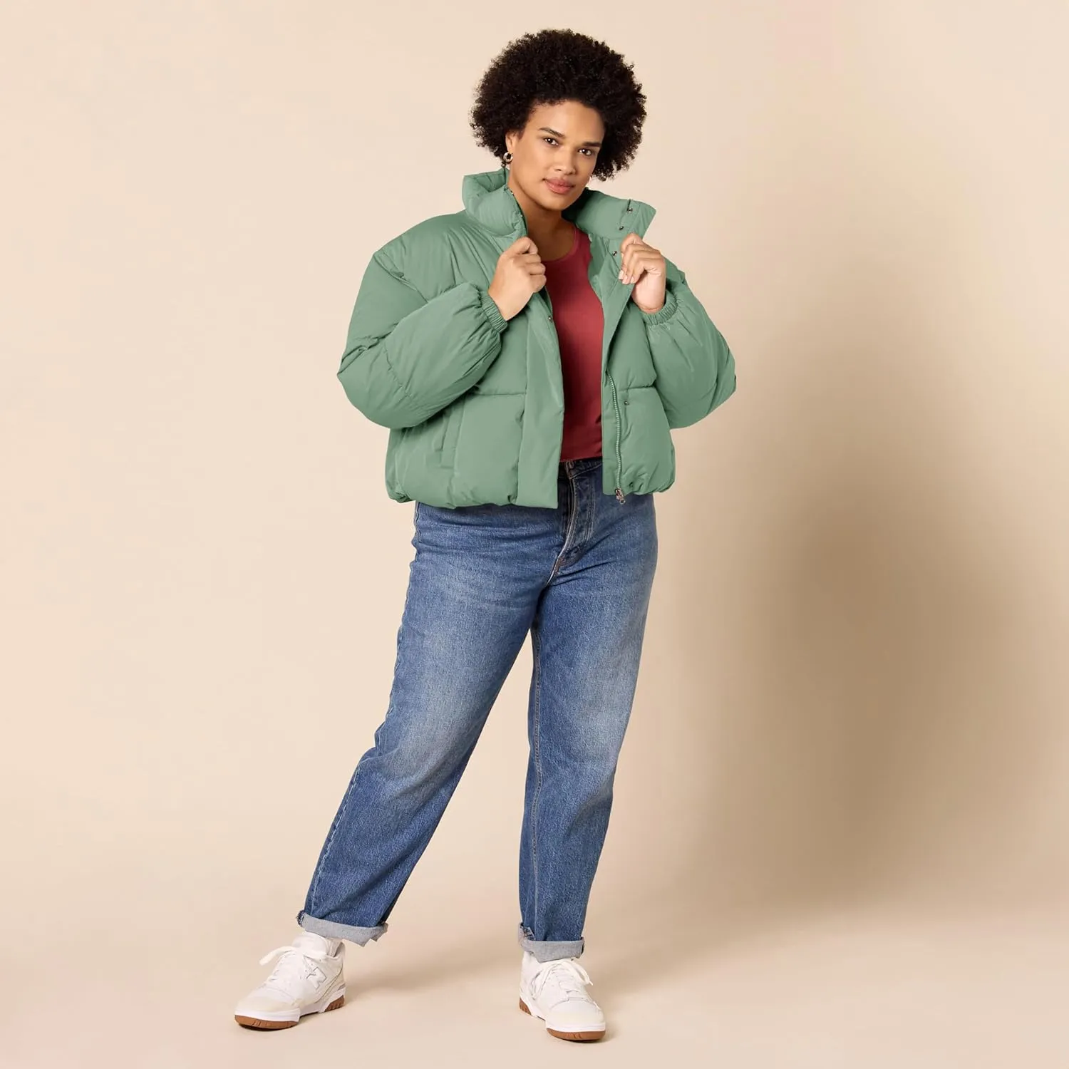 Amazon Essentials Women's Cropped Full-Zip Puffer Jacket (Quilted Matte or Sherpa Fleece)