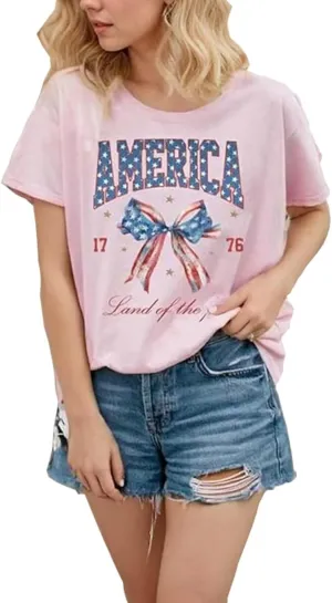 American Flag Bows T Shirt Women Vintage Patriotic Print Short Sleeve Tops 4th of July American Girly Graphic Tees