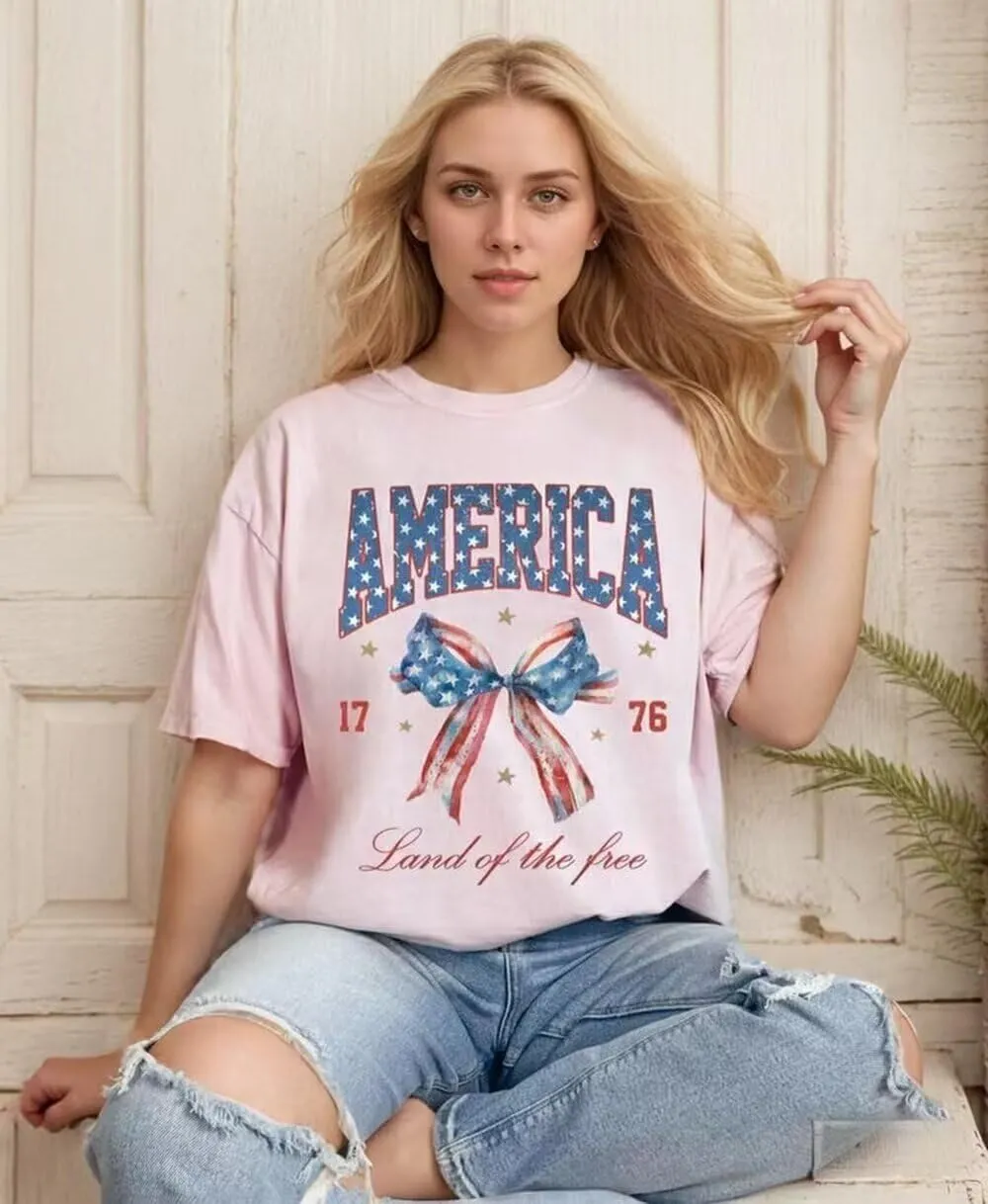 American Flag Bows T Shirt Women Vintage Patriotic Print Short Sleeve Tops 4th of July American Girly Graphic Tees