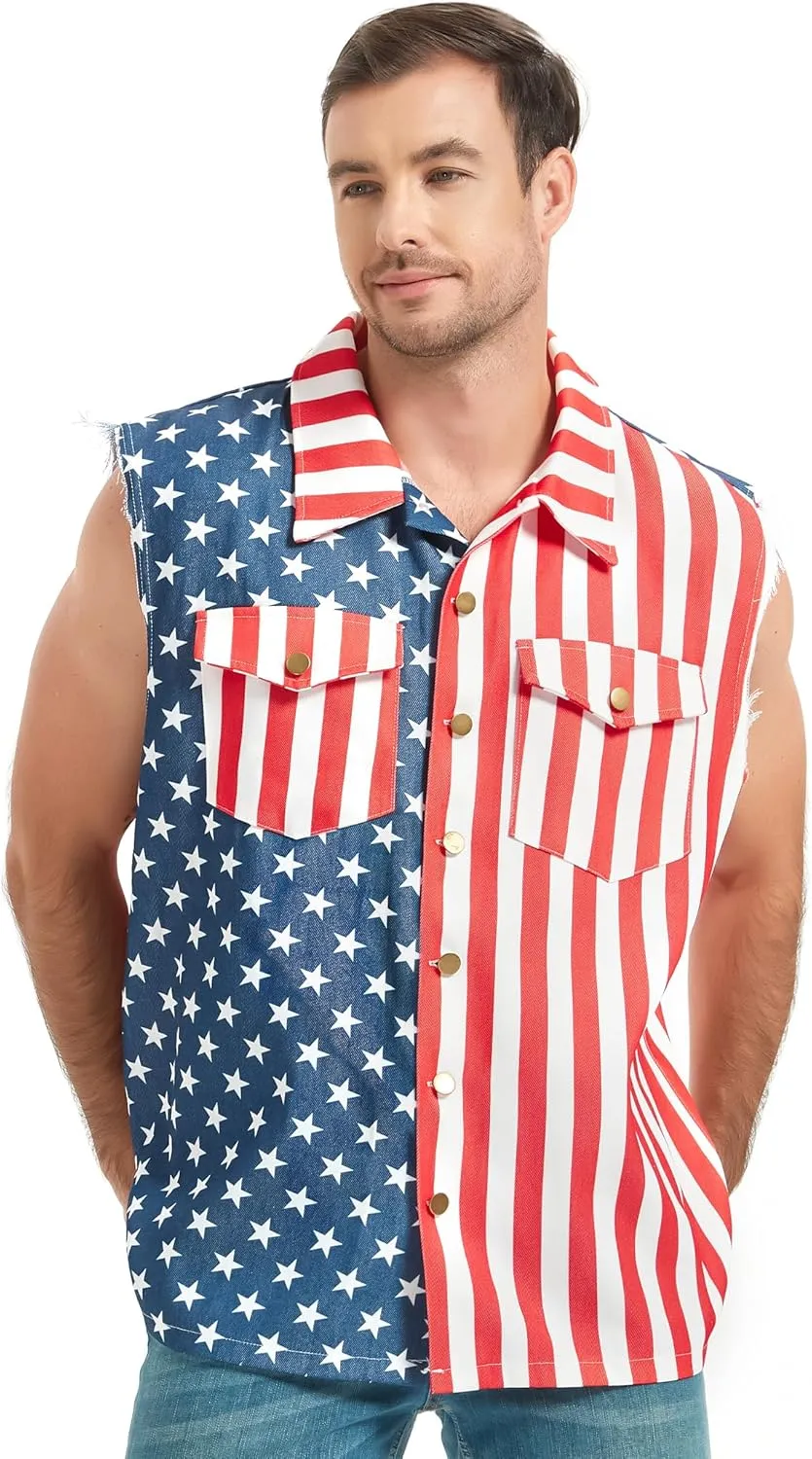 American Flag Denim Vest for Men, 4th of July Patriotic Vintage Sleeveless Jean Jacket, Independence Day USA Casual Shirt