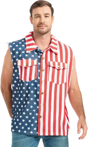 American Flag Denim Vest for Men, 4th of July Patriotic Vintage Sleeveless Jean Jacket, Independence Day USA Casual Shirt