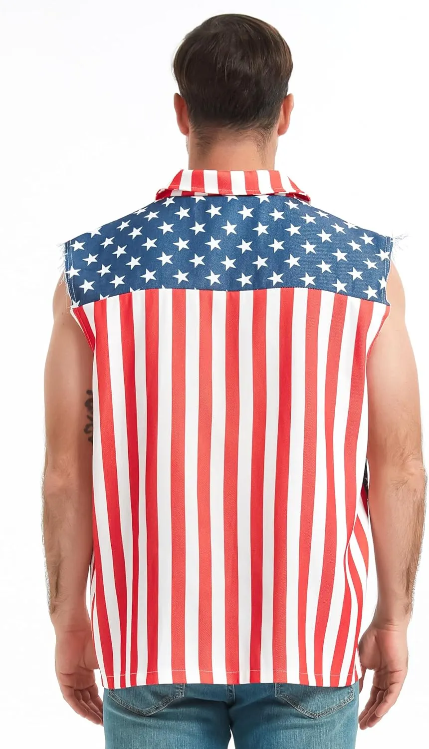 American Flag Denim Vest for Men, 4th of July Patriotic Vintage Sleeveless Jean Jacket, Independence Day USA Casual Shirt